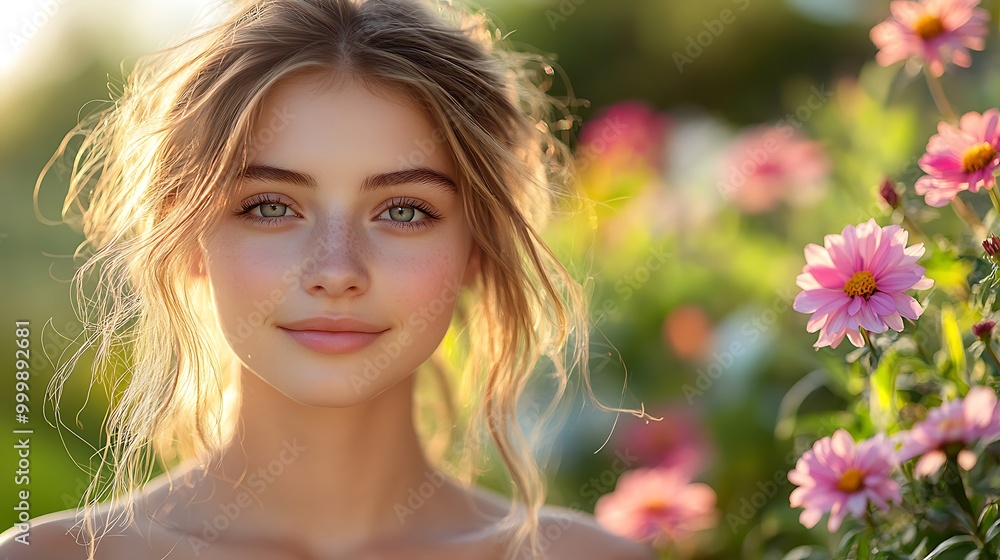 A young woman with flawless skin, glowing in the soft morning light, standing in a vibrant garden, her radiant complexion complemented by blooming flowers and greenery, A young woman with flawless skin, glowing in the soft morning light, standing in a vibrant garden, her radiant complexion complemented by blooming flowers and greenery,