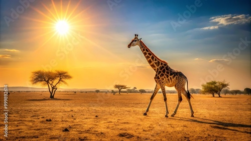 A majestic giraffe walks across a savanna landscape under a bright sun, surrounded by sparse trees and golden grasses. photo