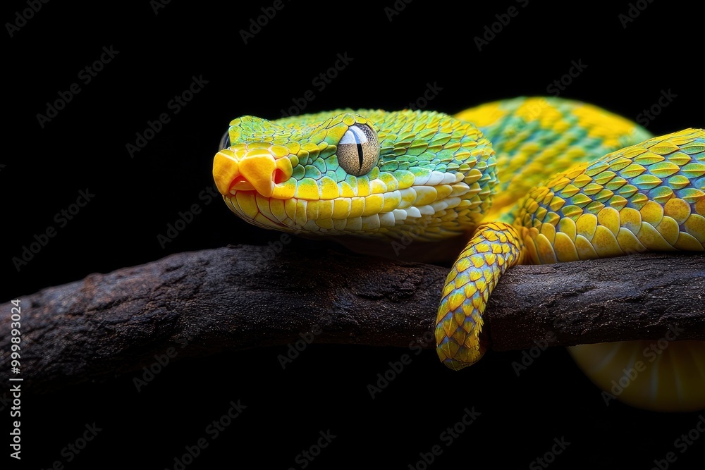 The Yellow White-lipped Pit Viper (Trimeresurus insularis) closeup on branch with black background, generative ai The Yellow White-lipped Pit Viper (Trimeresurus insularis) closeup on branch with black background, generative ai