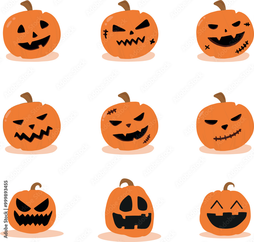 Set pumpkin on white background. The main symbol of the Happy Halloween holiday. Orange pumpkin with smile for your design for the holiday Halloween. Vector illustration. Set pumpkin on white background. The main symbol of the Happy Halloween holiday. Orange pumpkin with smile for your design for the holiday Halloween. Vector illustration.