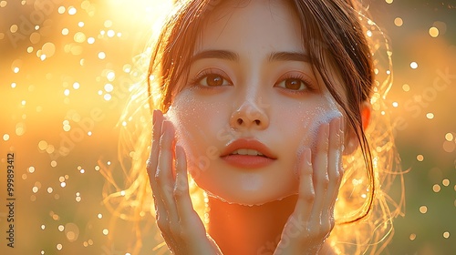 An Asian woman misting her face during golden hour, the sunlight casting a radiant glow on her skin, mist droplets suspended in the air,