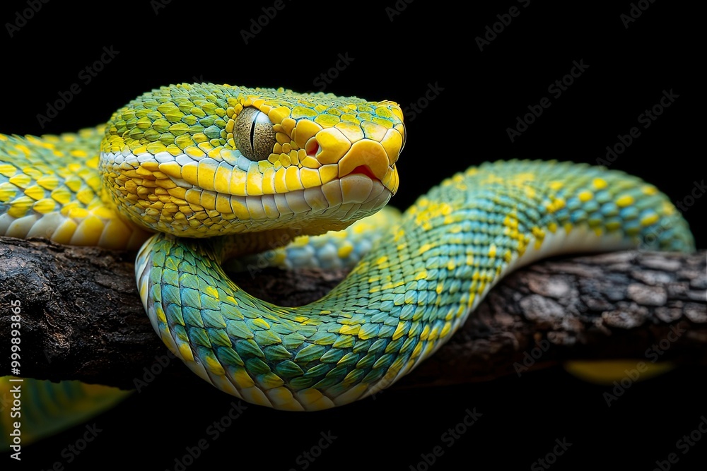 The Yellow White-lipped Pit Viper (Trimeresurus insularis) closeup on branch with black background, generative ai The Yellow White-lipped Pit Viper (Trimeresurus insularis) closeup on branch with black background, generative ai