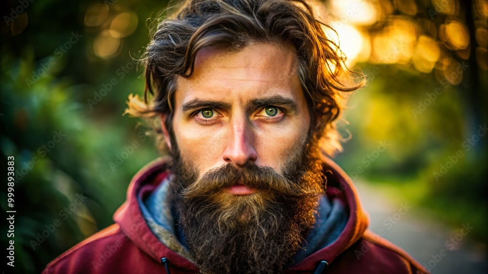 Captivating Portrait of a Bearded Man with Intense Expression in Natural Light Setting Outdoors Captivating Portrait of a Bearded Man with Intense Expression in Natural Light Setting Outdoors