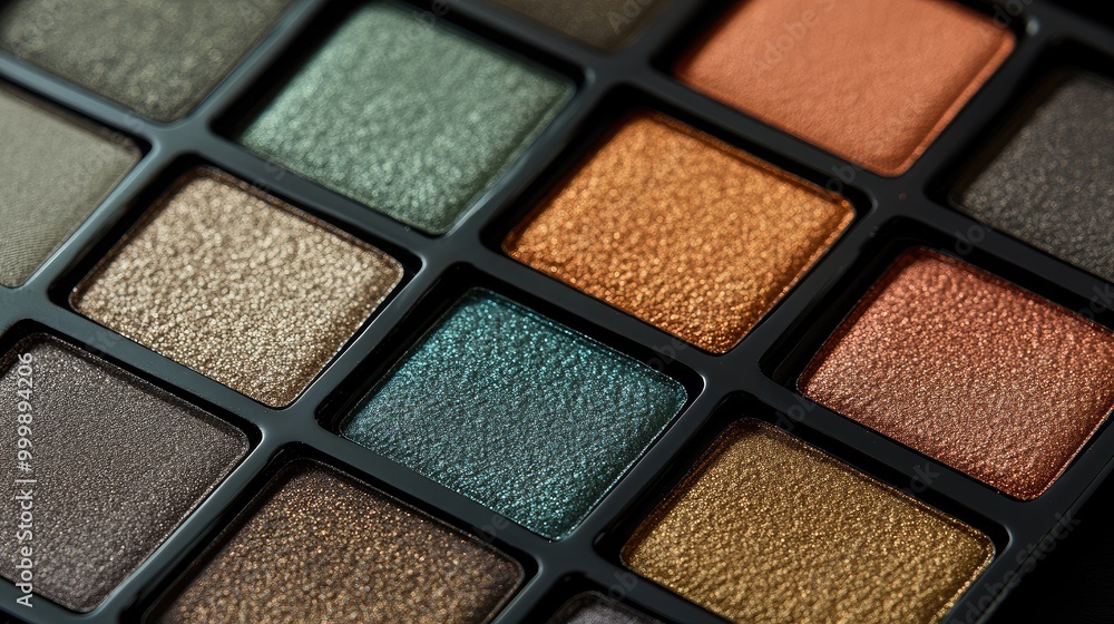 Fototapeta premium Minimalist eyeshadow palette with earthy tones, no logo, focal point on the smooth textures, no people, soft lighting.