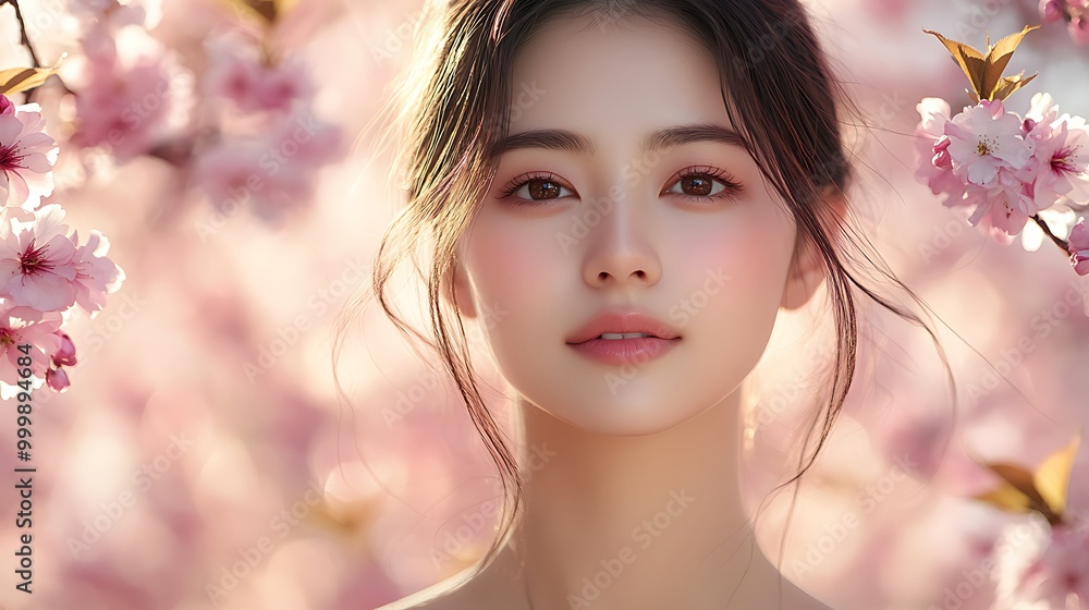 An Asian woman with perfect skin, her face glowing under the soft pink cherry blossoms, the sunlight casting gentle highlights on her skin,