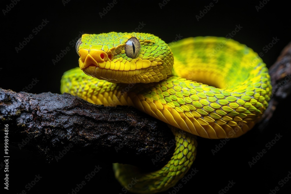 The Yellow White-lipped Pit Viper (Trimeresurus insularis) closeup on branch with black background, generative ai The Yellow White-lipped Pit Viper (Trimeresurus insularis) closeup on branch with black background, generative ai
