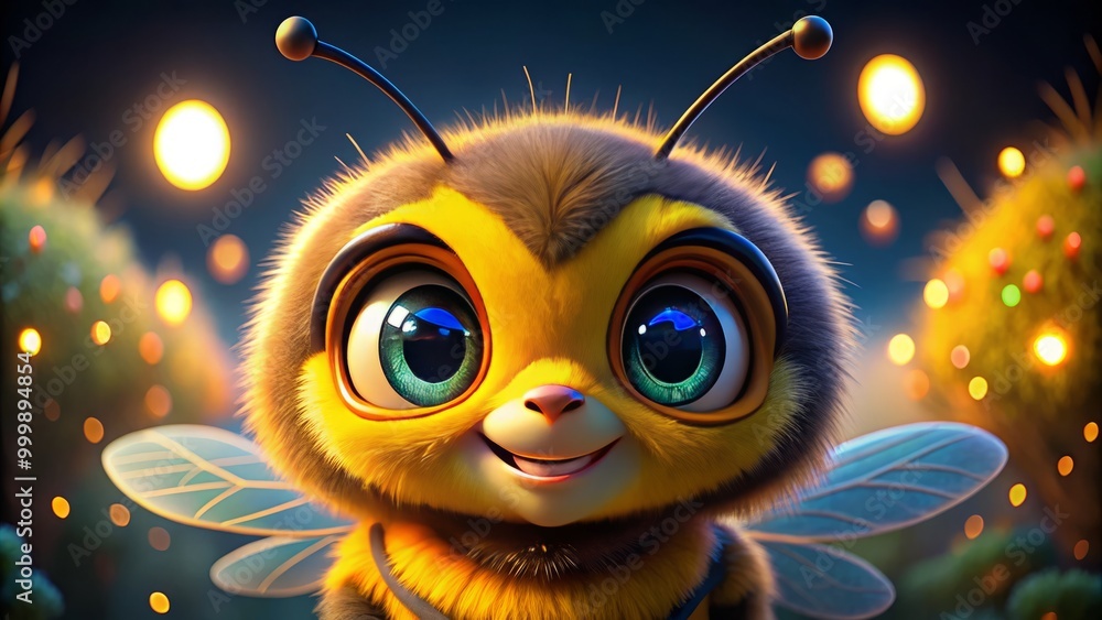 A bright and cheerful cartoon bumblebee with oversized, sparkling eyes and a joyful grin, ideal for engaging children's A bright and cheerful cartoon bumblebee with oversized, sparkling eyes and a joyful grin, ideal for engaging children's