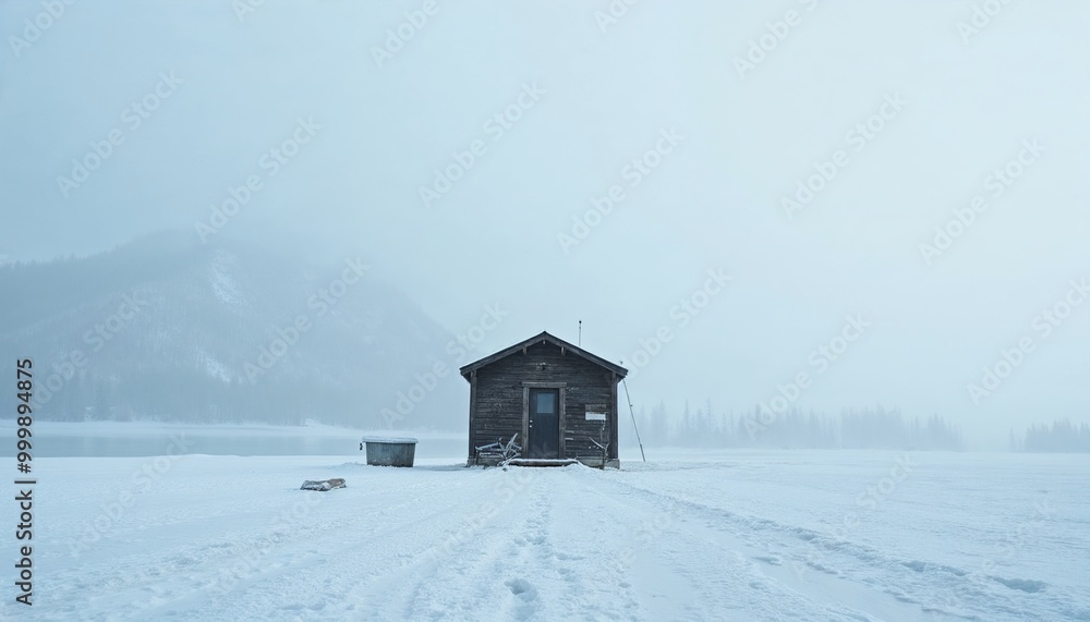 Single ice fishing hut in the middle of a frozen expanse during a foggy day Single ice fishing hut in the middle of a frozen expanse during a foggy day