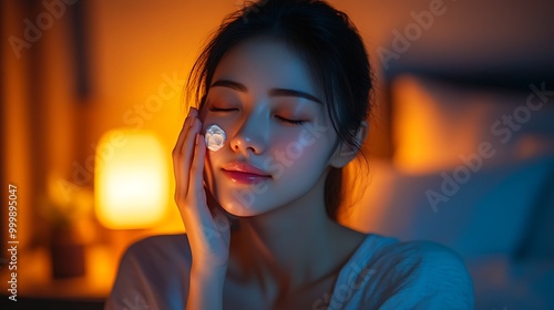 Wallpaper Mural An elegant nighttime portrait of an Asian woman gently massaging night cream into her face, her skin glowing under the warm light of a bedside lamp, minimalist bedroom background with warm tones, Torontodigital.ca