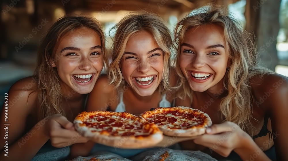 happy friends lying on a bed and eating pizza happy friends lying on a bed and eating pizza