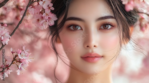 An elegant portrait of an Asian woman with flawless, glowing skin, her face surrounded by cherry blossom branches in full bloom, pink petals softening the background,