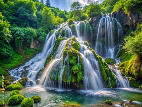 Cascading Water Overflowing from a Natural Rock Formation in a Lush Green Environment