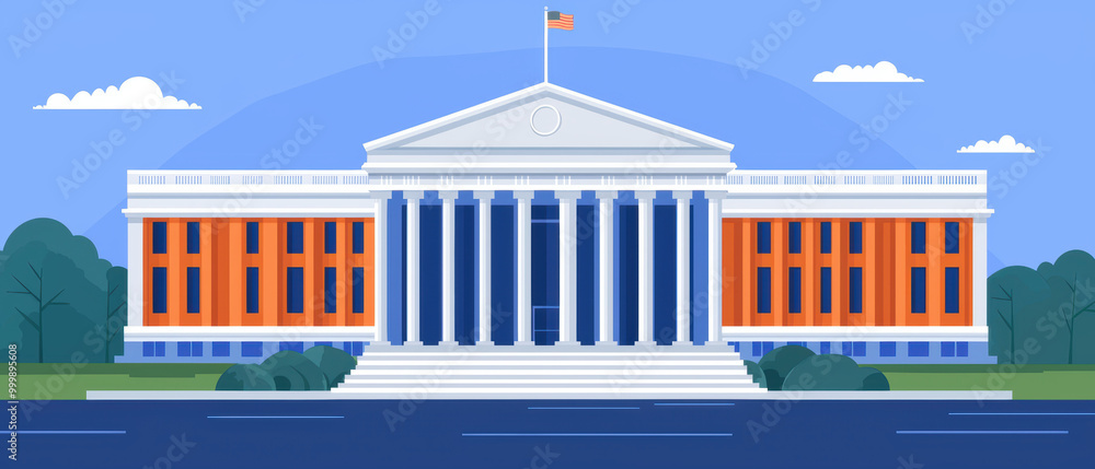 A large building with a flag on top and the word A large building with a flag on top and the word