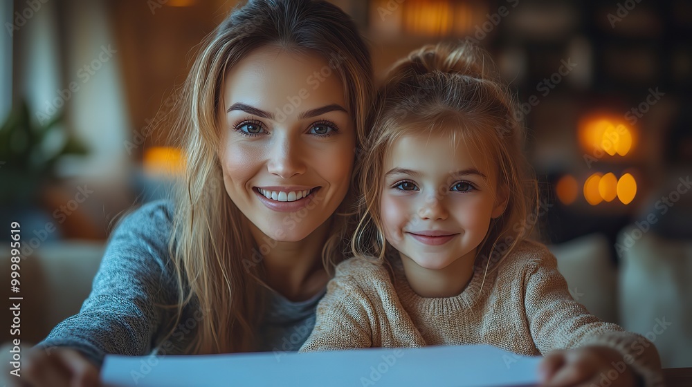 happy little girl doing homework with her mother and looking at camera in evening at home happy little girl doing homework with her mother and looking at camera in evening at home