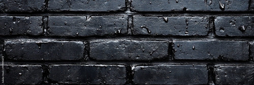 A Close-Up of a Black Brick Wall, with Water Droplets Trailing Down the Surface, Creating a Dramatic and Textured Background A Close-Up of a Black Brick Wall, with Water Droplets Trailing Down the Surface, Creating a Dramatic and Textured Background