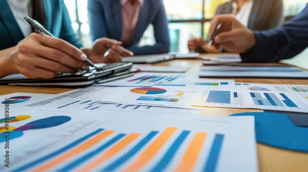 A diverse group of business professionals in a meeting, discussing financial strategies with charts and documents spread out on a conference table. A diverse group of business professionals in a meeting, discussing financial strategies with charts and documents spread out on a conference table.