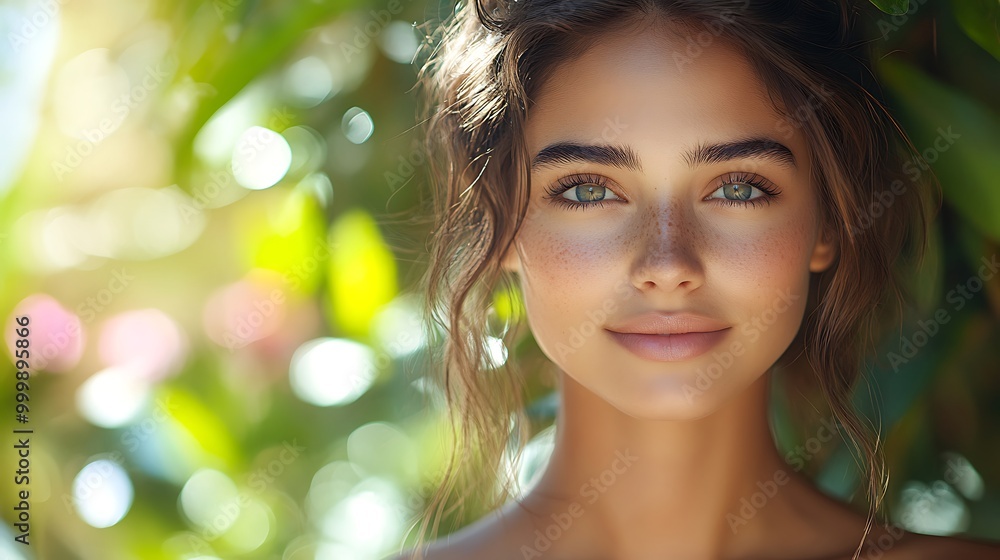 Fototapeta premium Close-up of a young woman with flawless skin, her face glowing under the warm sunlight, vibrant outdoor background with lush greenery and flowers softly blurred,