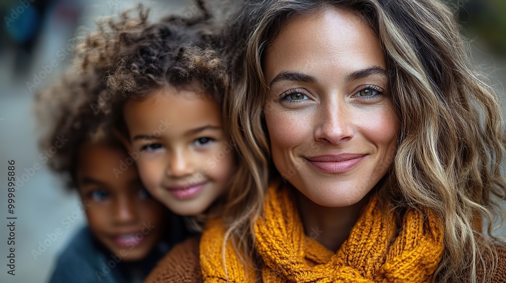 happy mid adult mother waiting for her little multiracial kids after school outdoors in street hugging and kissing them happy mid adult mother waiting for her little multiracial kids after school outdoors in street hugging and kissing them