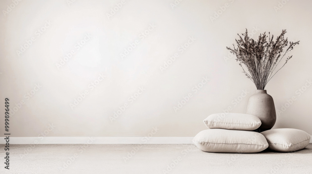 A cozy, minimalist interior featuring stacked cushions and a ceramic vase with dried flowers against a neutral backdrop A cozy, minimalist interior featuring stacked cushions and a ceramic vase with dried flowers against a neutral backdrop