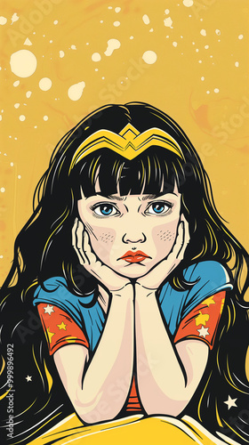 Pop art image of a little girl with wearing a super hero costume with her head in her hands looking serious. Graffiti urban wall art or street art. Comic book illustration. Wallpaper background.