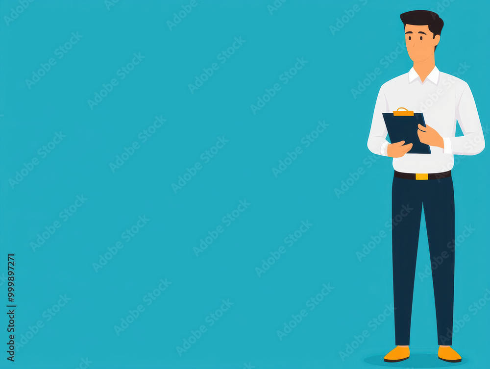A man is standing in front of a blue background holding a clipboard A man is standing in front of a blue background holding a clipboard