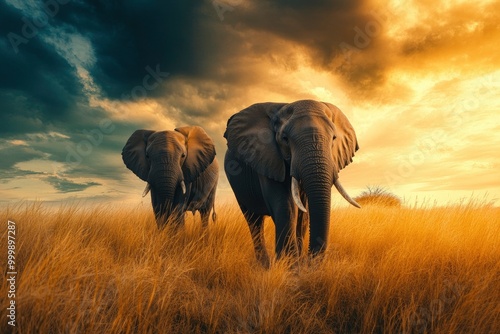 Two elephants in the field of south africa..generative ai