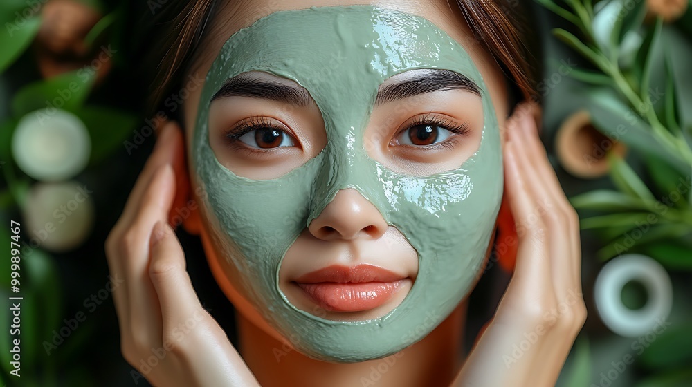 Close-up of an Asian woman massaging an organic face mask onto her skin, surrounded by fresh herbal ingredients like eucalyptus and green tea, Close-up of an Asian woman massaging an organic face mask onto her skin, surrounded by fresh herbal ingredients like eucalyptus and green tea,