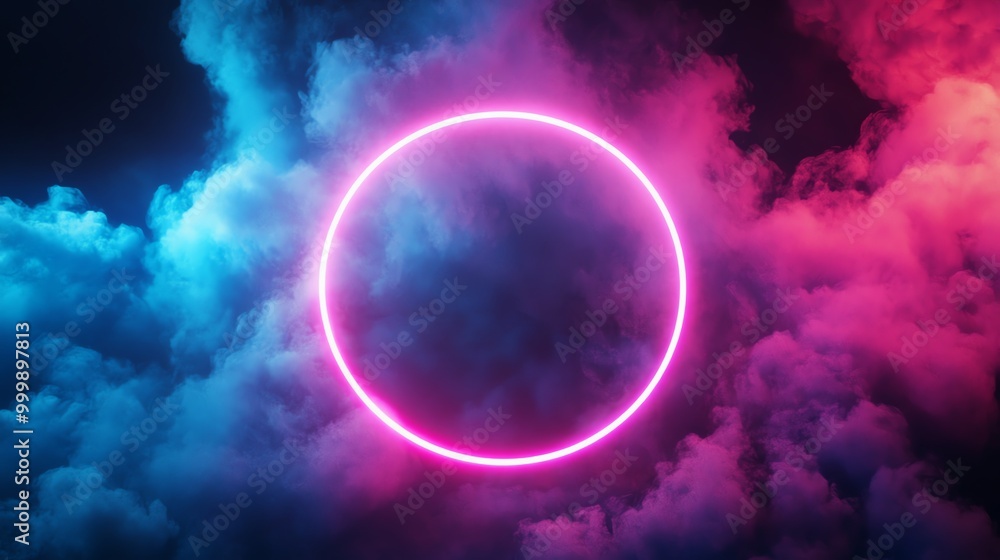 A glowing pink neon circle in a dark smoky background with pink and blue lighting. A glowing pink neon circle in a dark smoky background with pink and blue lighting.