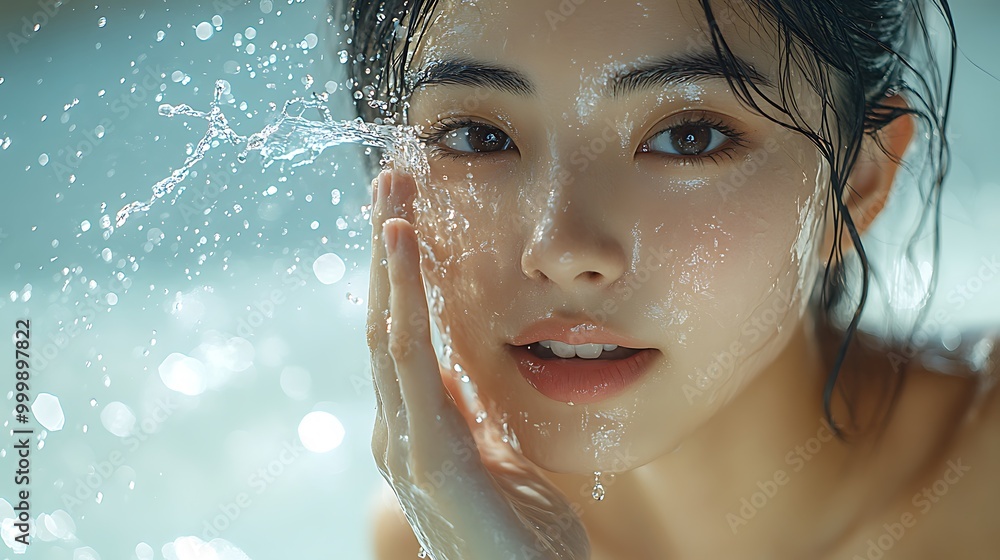 Close-up of an Asian woman splashing water on her face, droplets captured in mid-air, her skin glowing under natural sunlight, a moment of hydration and freshness with a clean, Close-up of an Asian woman splashing water on her face, droplets captured in mid-air, her skin glowing under natural sunlight, a moment of hydration and freshness with a clean,
