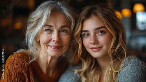 happy senior mother drinking coffee with adult daughter indoors at home talking