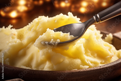 Delicious creamy mashed potatoes with melted butter and herbs on spoon showcasing comfort food