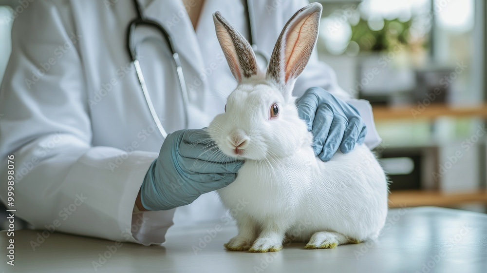 Obraz premium A dynamic photo of a veterinarian treating a rabbit in a clinic, using gentle hands and a soothing approach, emphasizing the care provided to small animals.