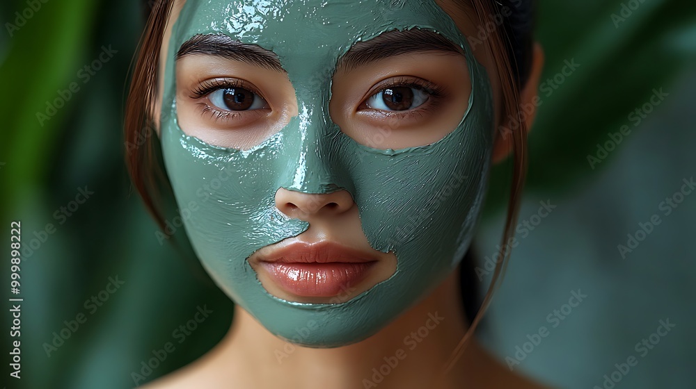 Close-up of an Asian woman with a clay mask, her smooth skin glowing through, natural light casting warm highlights, her expression calm and peaceful, Close-up of an Asian woman with a clay mask, her smooth skin glowing through, natural light casting warm highlights, her expression calm and peaceful,