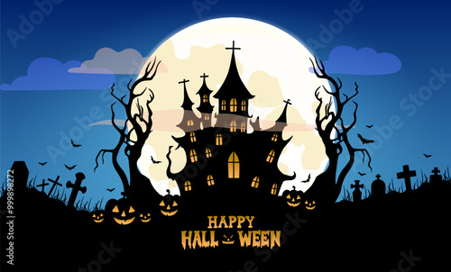 Happy Halloween. City panorama in halloween style. Scary halloween isolated background.Vector illustration.