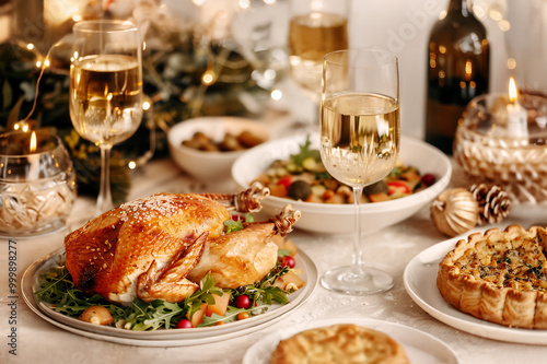 Thanksgiving day dinner table set with delicious roasted turkey, mashed potatoes, wine glasses, and other side dishes, decorated with flowers, an elegant and inviting atmosphere for a holiday theme