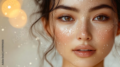 Close-up of an Asian woman with flawless skin applying an all-natural cream, minimalist setting with clean white and beige tones, soft light enhancing the smooth texture of her skin,