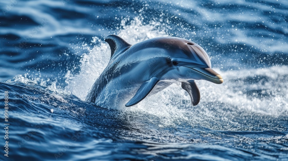 Fototapeta premium A dynamic shot of a dolphin breaching the surface with its mouth open, splashing water around, capturing the excitement and vitality of ocean life.
