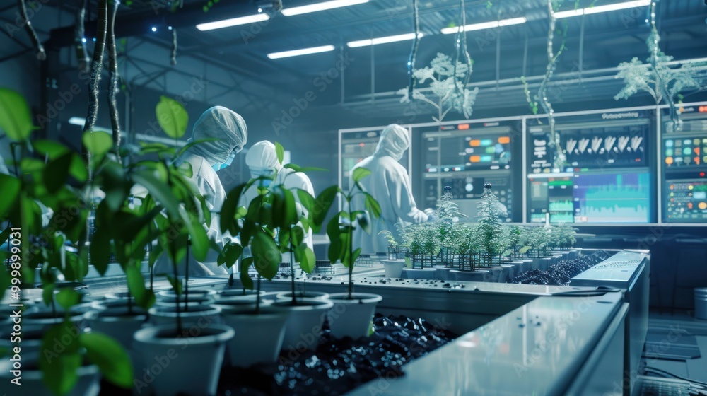 Scientists in a futuristic lab working with plants and technology. Scientists in a futuristic lab working with plants and technology.