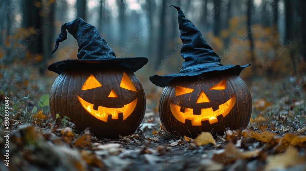 Naklejka premium Glowing Jack-o'-Lanterns with Witch Hats in a Spooky Halloween Forest