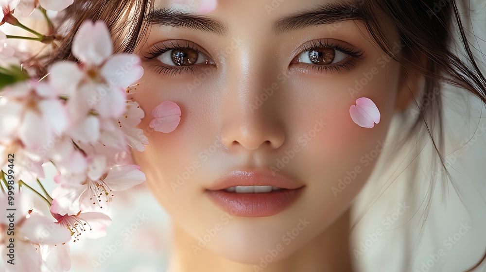 Close-up of an Asian woman’s face, her glowing skin illuminated by soft natural light, surrounded by cherry blossoms, petals touching her cheek, Close-up of an Asian woman’s face, her glowing skin illuminated by soft natural light, surrounded by cherry blossoms, petals touching her cheek,