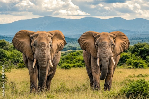 Two elephants in the field of south africa..generative ai