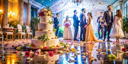 Chaotic Wedding Scene with Broken Cake, Upset Decorations, and Guests in Disarray at Reception
