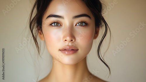 Close-up of an Asian woman’s face with no makeup, her skin glowing under soft natural light, minimalist background with warm beige tones, focus on her flawless,