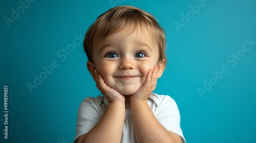 A baby girl with blonde hair smiles and holds her hands to her face.