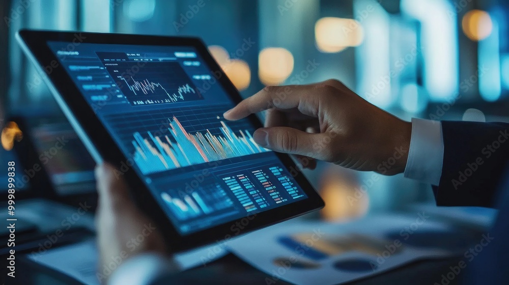 A financial advisor discussing investment options with a client, using a tablet to illustrate market trends and portfolio performance in a professional setting. A financial advisor discussing investment options with a client, using a tablet to illustrate market trends and portfolio performance in a professional setting.