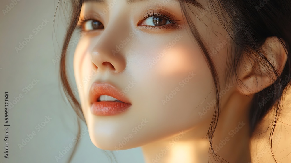 Close-up of an Asian woman’s silky smooth cheek, her skin glowing with a soft radiance after applying moisturizer, natural light casting warm highlights, Close-up of an Asian woman’s silky smooth cheek, her skin glowing with a soft radiance after applying moisturizer, natural light casting warm highlights,