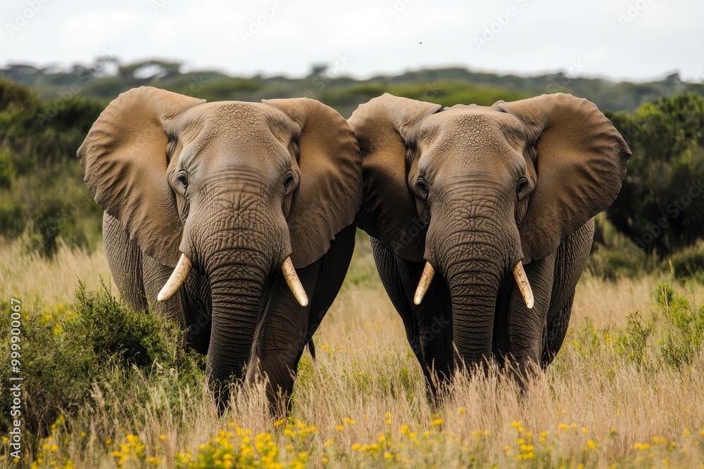 Fototapeta premium Two elephants in the field of south africa..generative ai