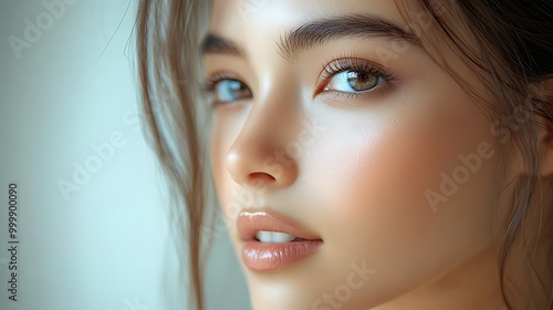 Close-up of an Asian woman’s smooth, glowing cheek, hydrated and radiant after applying a lightweight moisturizer, soft natural light highlighting the flawless texture of her skin,