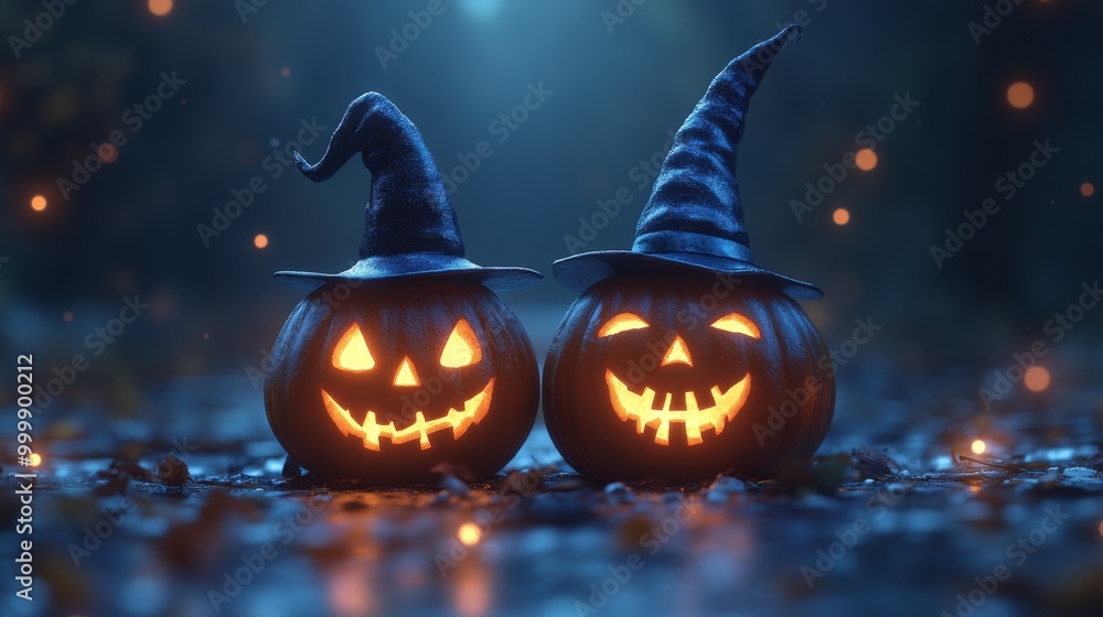 Fototapeta premium Glowing Jack-o'-Lanterns with Witch Hats in a Spooky Halloween Forest