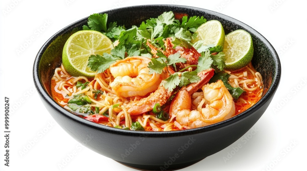 A fresh bowl of spicy tom yum noodles, topped with shrimp, lime wedges, and herbs, set against a white background to emphasize the colorful toppings. A fresh bowl of spicy tom yum noodles, topped with shrimp, lime wedges, and herbs, set against a white background to emphasize the colorful toppings.